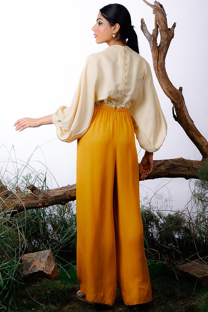 Ivory & Yellow Satin Color Blocked & Embroidered Jumpsuit by Omana by Ranjana Bothra at Pernia's Pop Up Shop