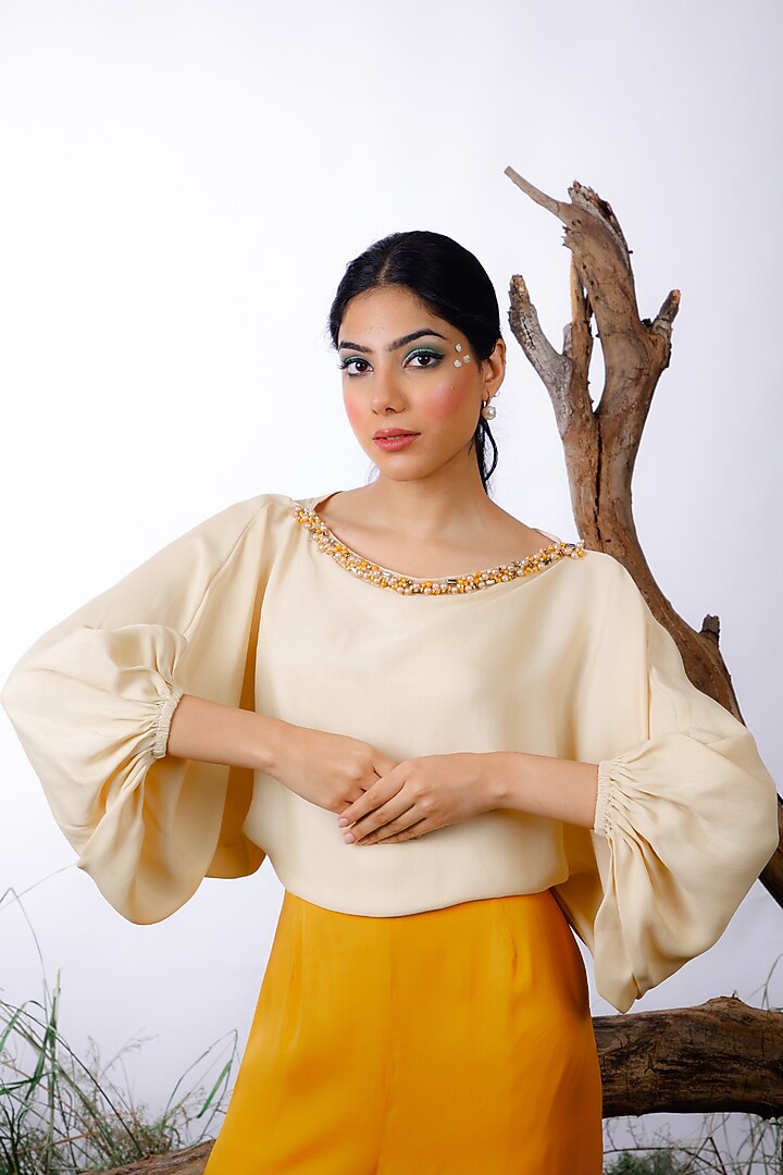 Ivory & Yellow Satin Color Blocked & Embroidered Jumpsuit by Omana by Ranjana Bothra at Pernia's Pop Up Shop