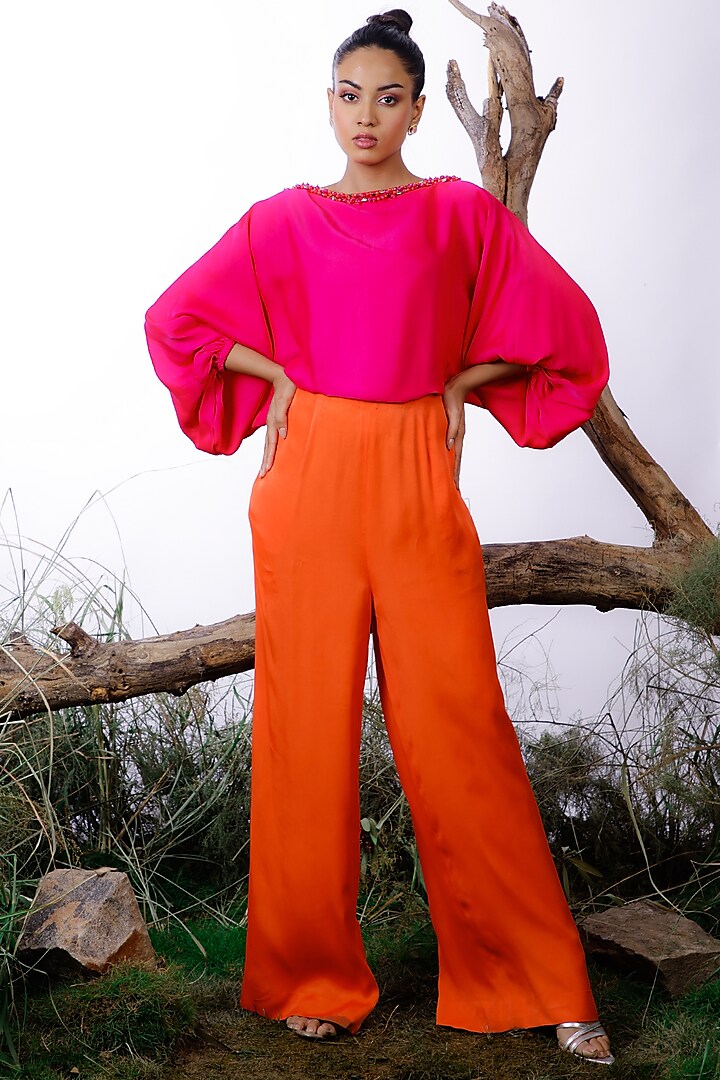 Pink & Orange Satin Color Blocked & Embroidered Jumpsuit by Omana by Ranjana Bothra