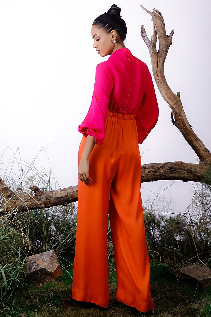 Pink & Orange Satin Color Blocked & Embroidered Jumpsuit by Omana by Ranjana Bothra at Pernia's Pop Up Shop
