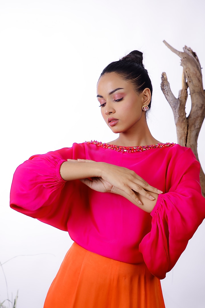 Pink & Orange Satin Color Blocked & Embroidered Jumpsuit by Omana by Ranjana Bothra at Pernia's Pop Up Shop