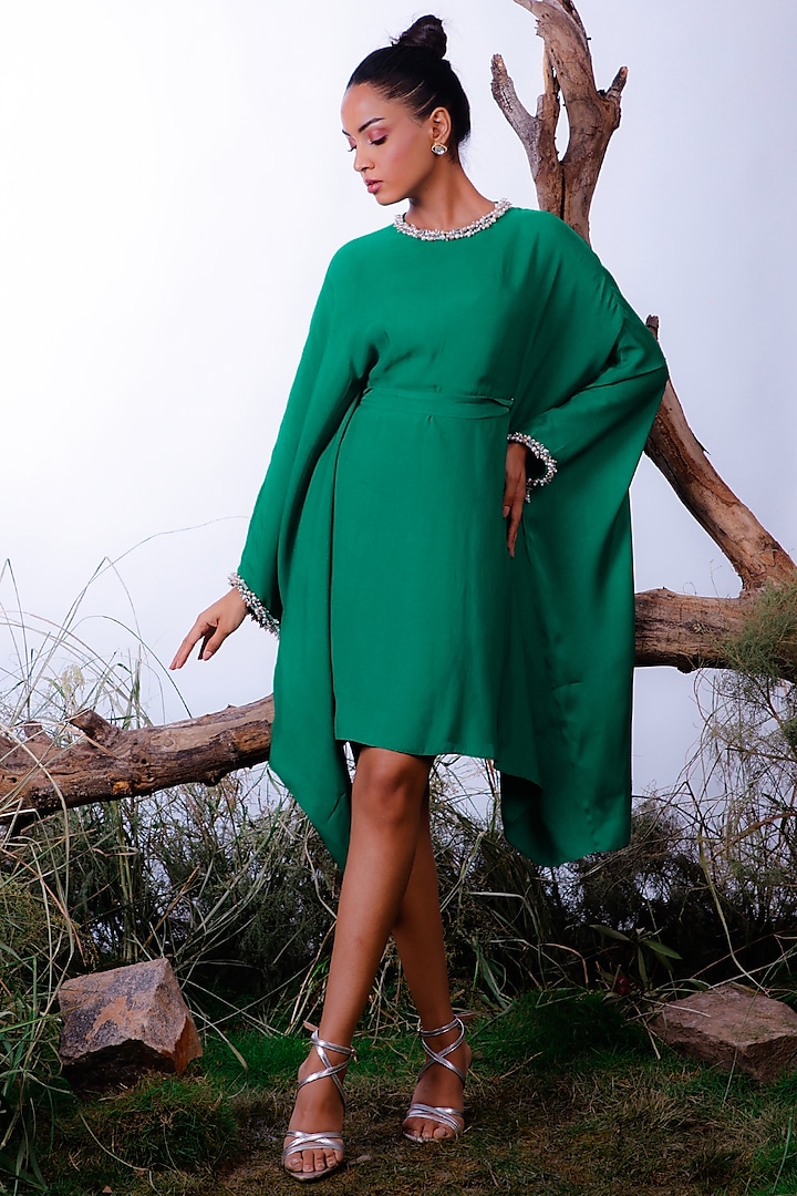 Poppy Green Satin Embroidered Draped Dress by Omana by Ranjana Bothra at Pernia's Pop Up Shop