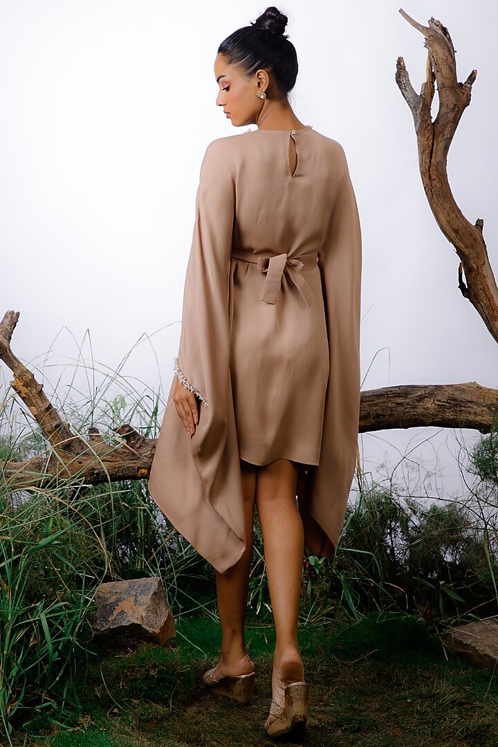 Beige Satin Embroidered Draped Summer Dress by Omana by Ranjana Bothra at Pernia's Pop Up Shop