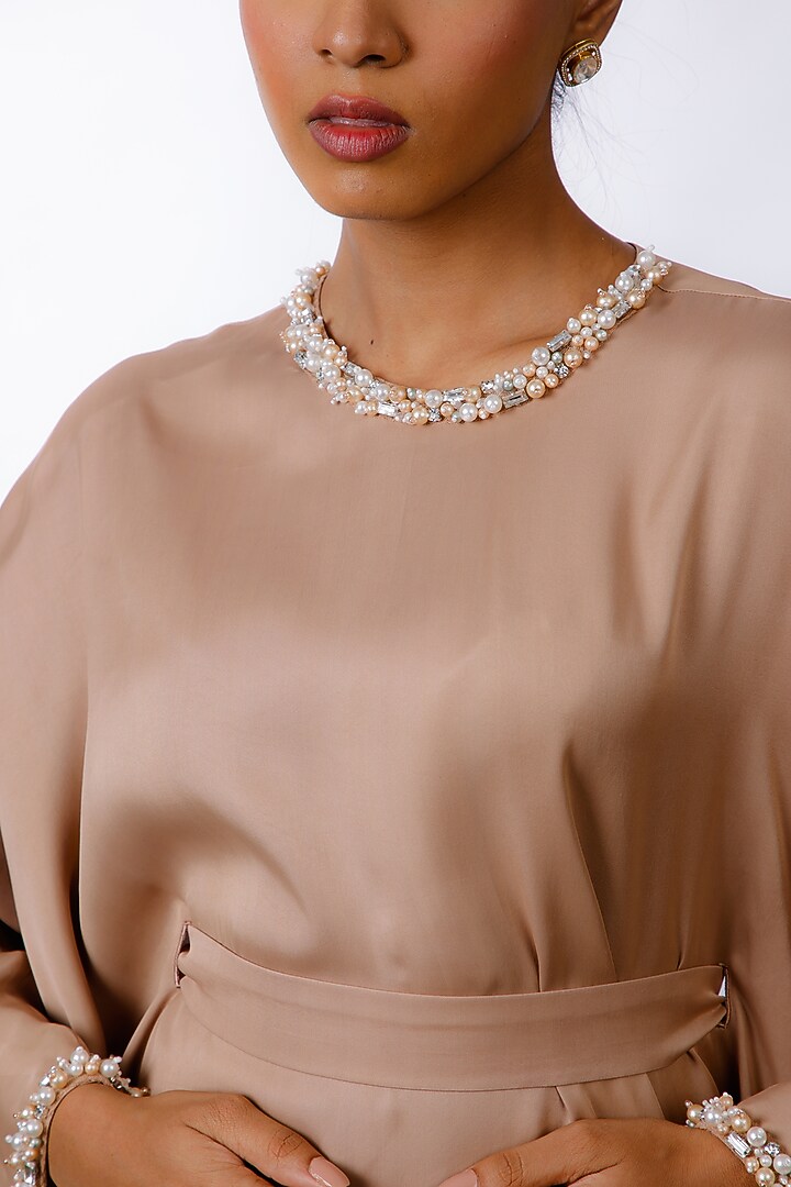 Beige Satin Embroidered Draped Summer Dress by Omana by Ranjana Bothra at Pernia's Pop Up Shop