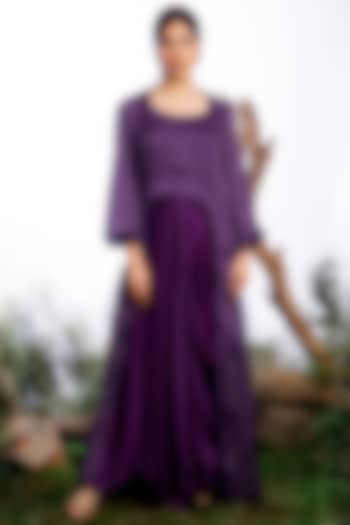 Purple Satin Silk Printed Jacket Dress by Omana by Ranjana Bothra
