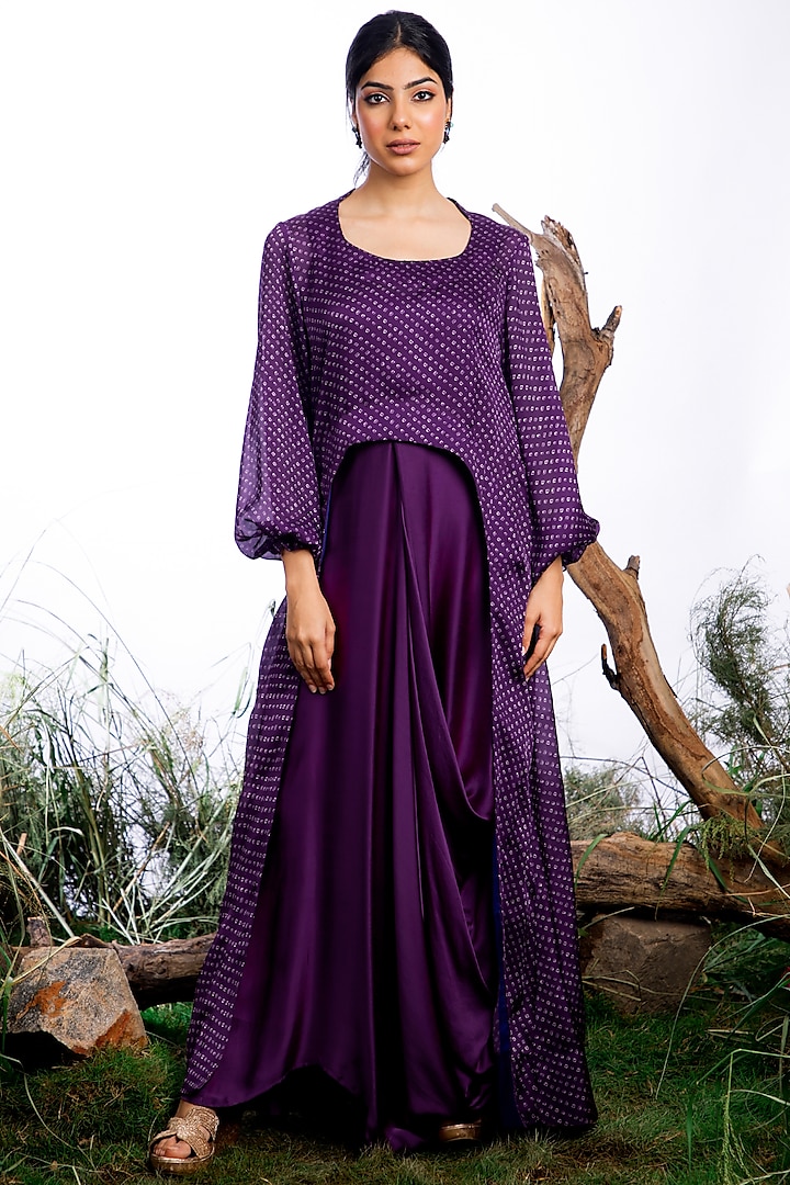 Purple Satin Silk Printed Jacket Dress by Omana by Ranjana Bothra