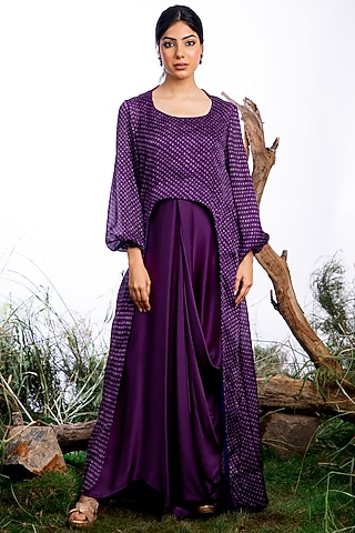 Purple Satin Silk Printed Jacket Dress by Omana by Ranjana Bothra