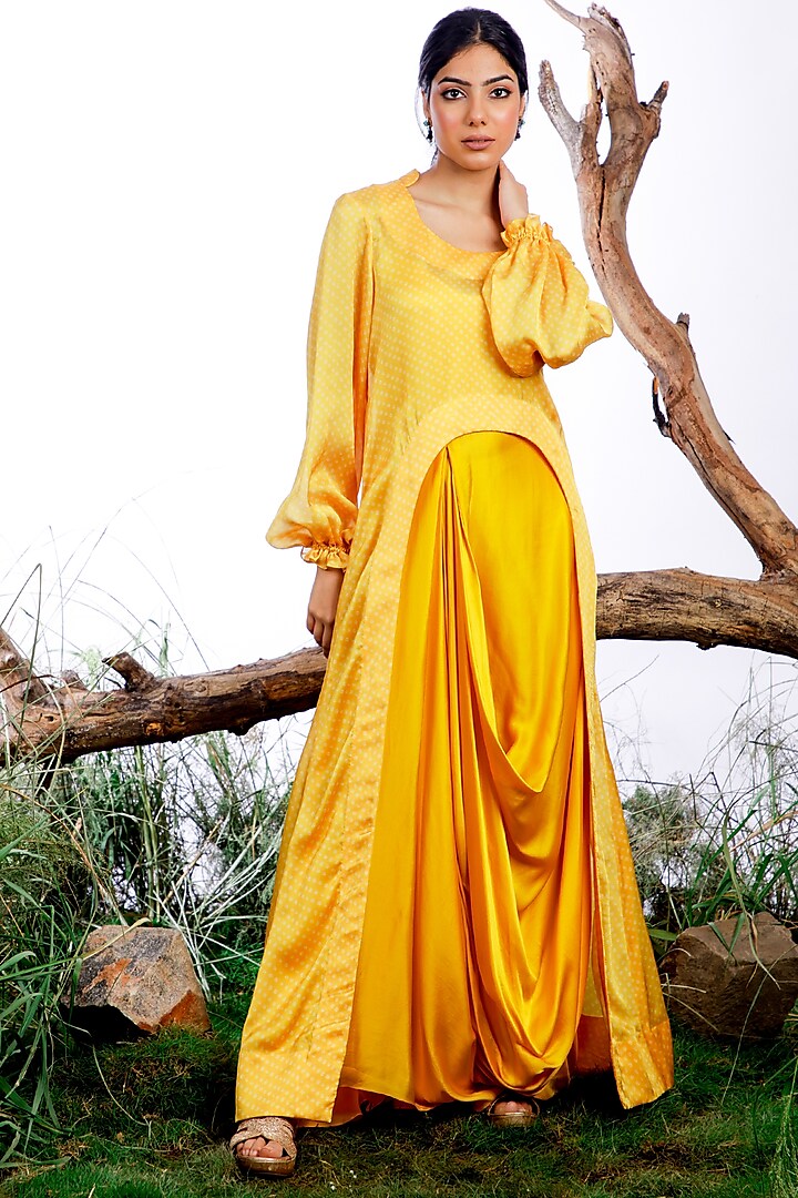Yellow Satin Silk Printed Jacket Dress by Omana by Ranjana Bothra