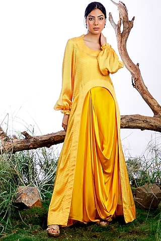Yellow Satin Silk Printed Jacket Dress by Omana by Ranjana Bothra