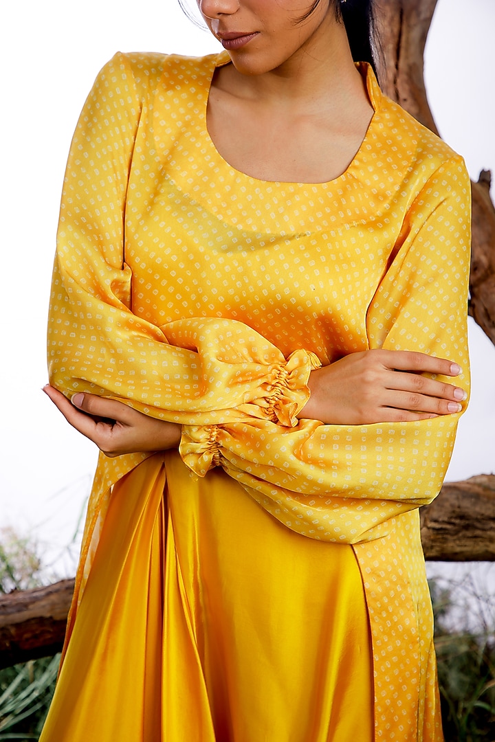 Yellow Satin Silk Printed Jacket Vacation Dress by Omana by Ranjana Bothra at Pernia's Pop Up Shop