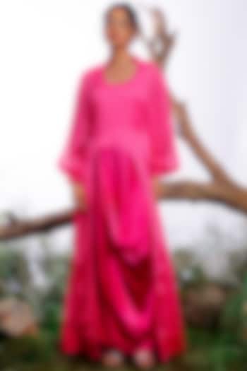 Pink Satin Silk Printed Jacket Dress by Omana by Ranjana Bothra