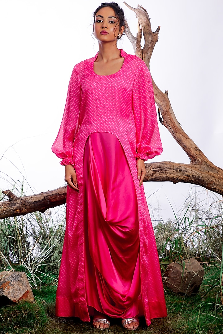 Pink Satin Silk Printed Jacket Dress by Omana by Ranjana Bothra