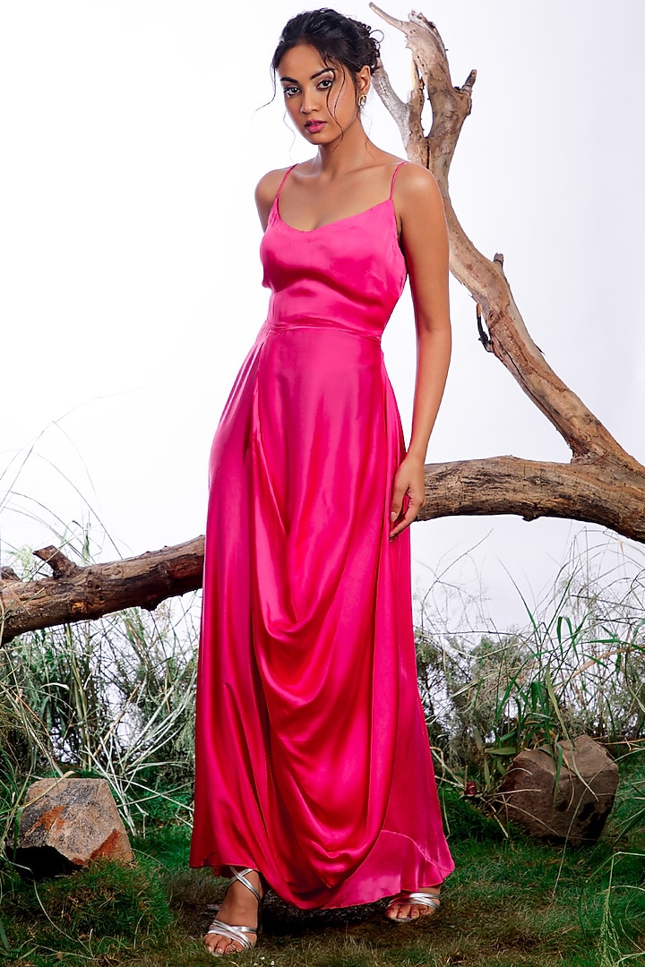 Pink Satin Silk Printed Jacket Vacation Dress by Omana by Ranjana Bothra at Pernia's Pop Up Shop