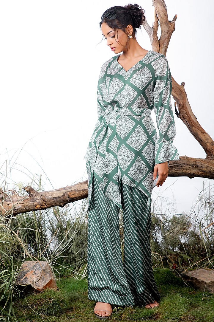 Green Satin Georgette Printed Co-Ord Set by Omana by Ranjana Bothra at Pernia's Pop Up Shop