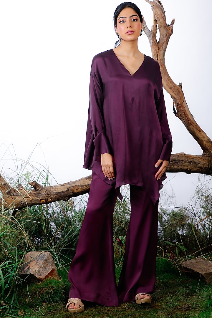 Plum Silk Satin Co-Ord Set by Omana by Ranjana Bothra at Pernia's Pop Up Shop