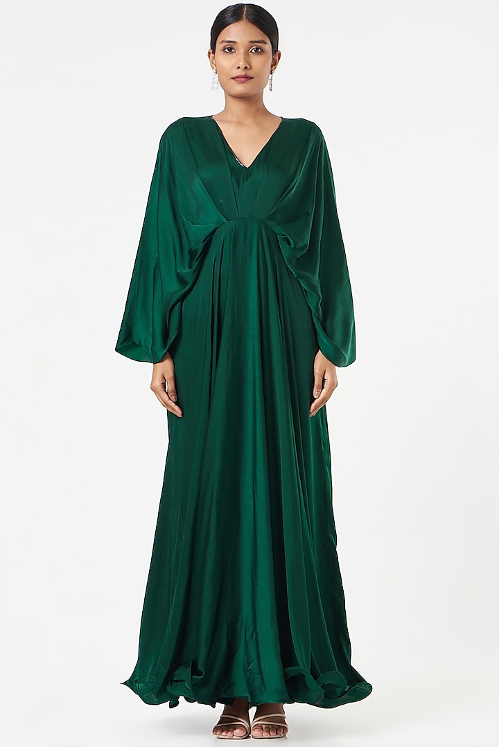 Emerald Green Satin Silk Gown by Omana by Ranjana Bothra