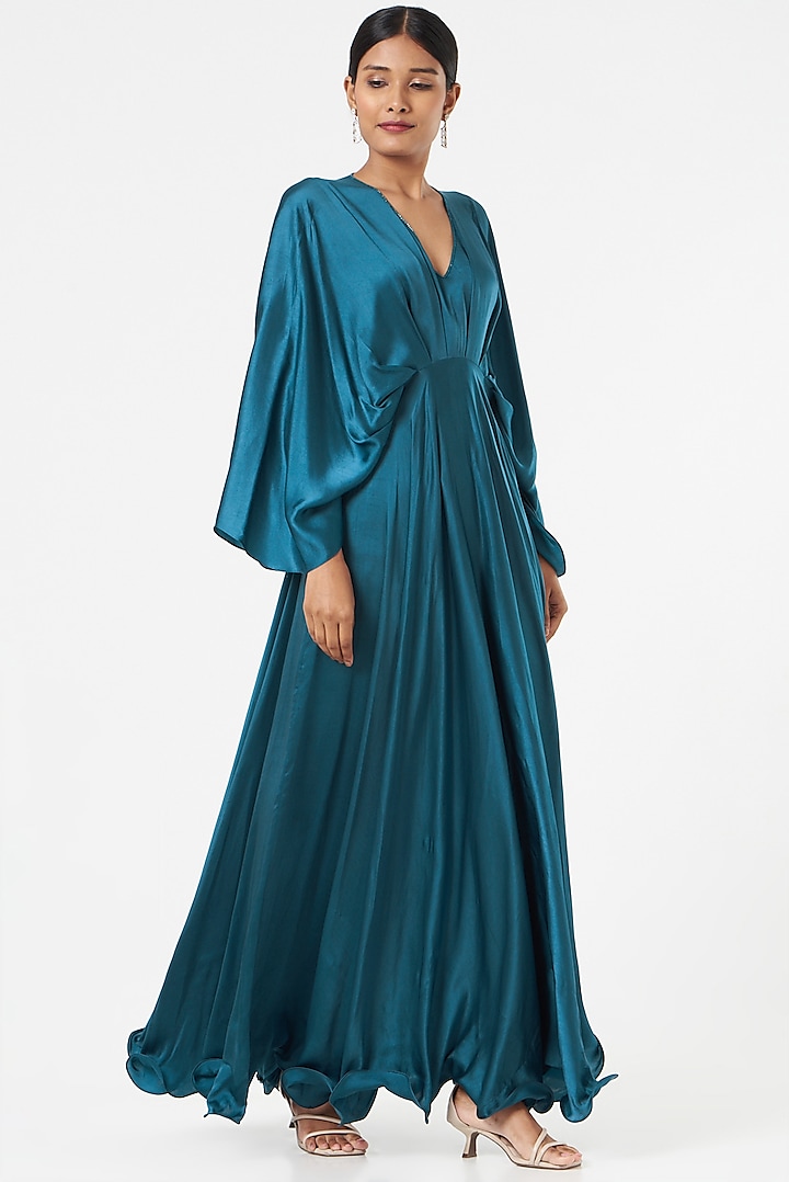 Teal Blue Satin Silk Gown by Omana by Ranjana Bothra