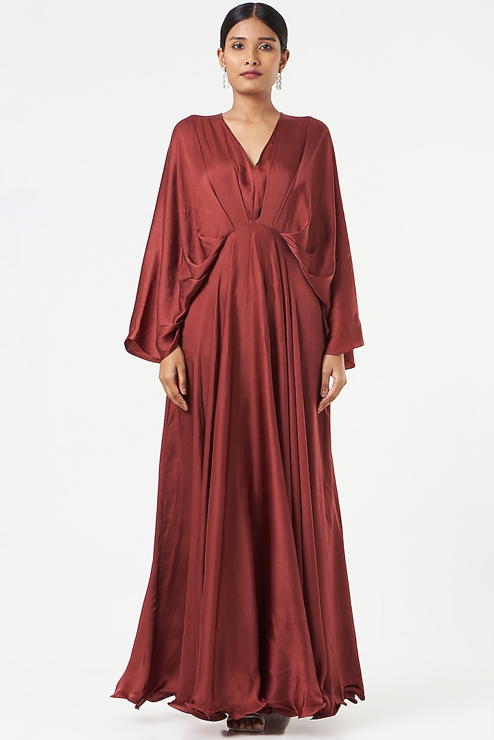 Brick Red Satin Silk Gown by Omana by Ranjana Bothra