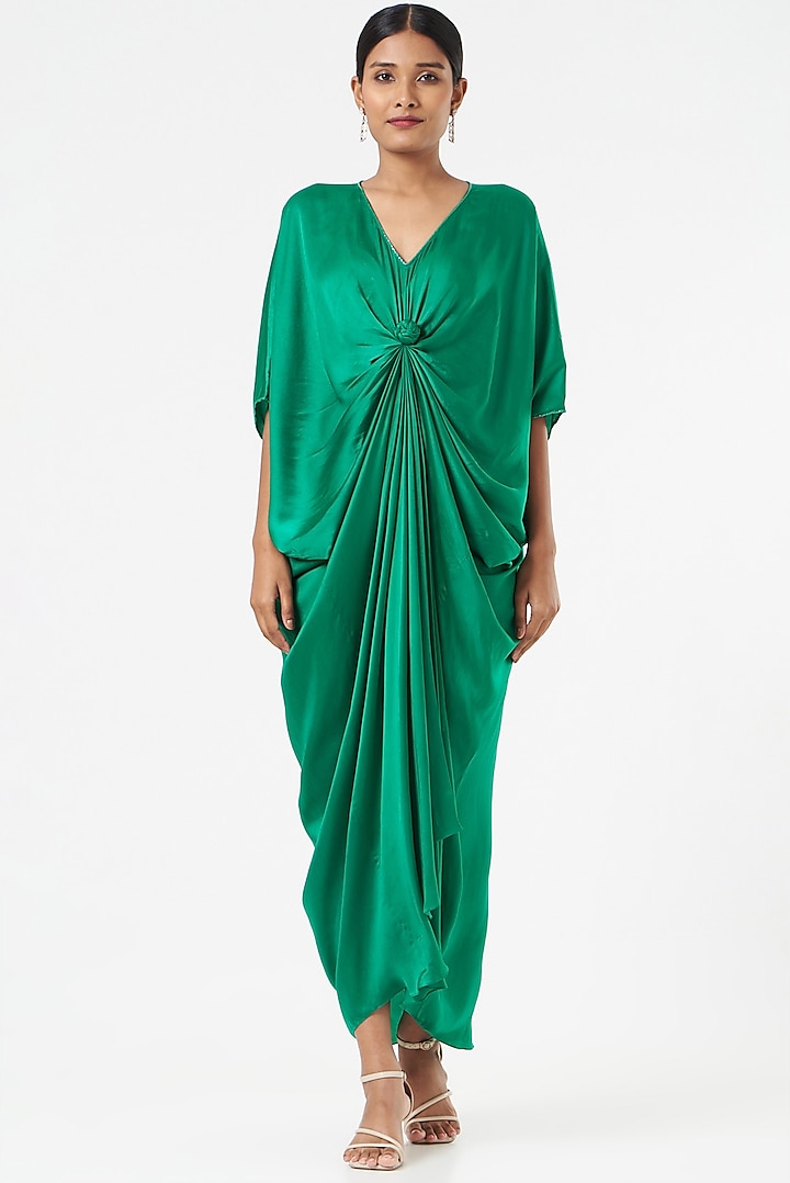 Poppy Green Satin Silk Kaftan Design by Omana by Ranjana Bothra at ...
