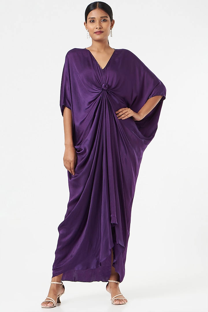 Purple Satin Silk Kaftan by Omana by Ranjana Bothra