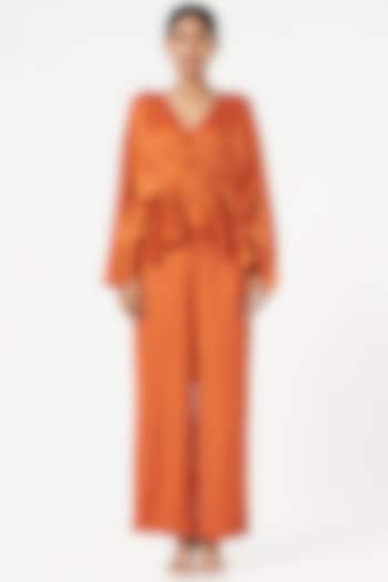 Burnt Orange Satin Silk Co-Ord Set by Omana by Ranjana Bothra