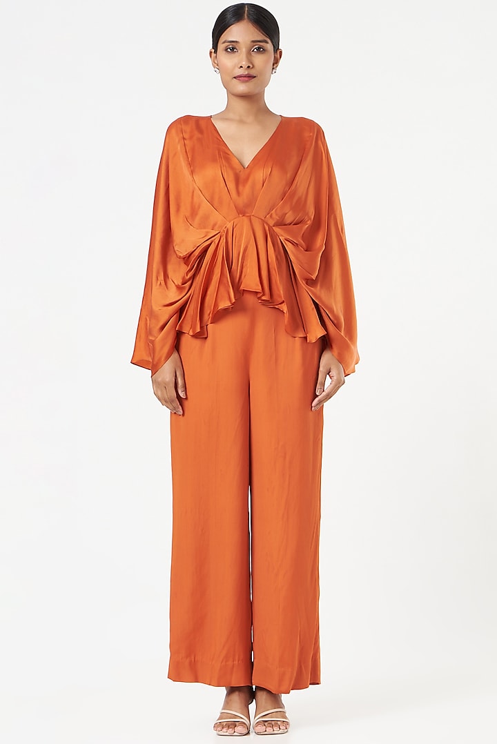 Burnt Orange Satin Silk Co-Ord Set by Omana by Ranjana Bothra