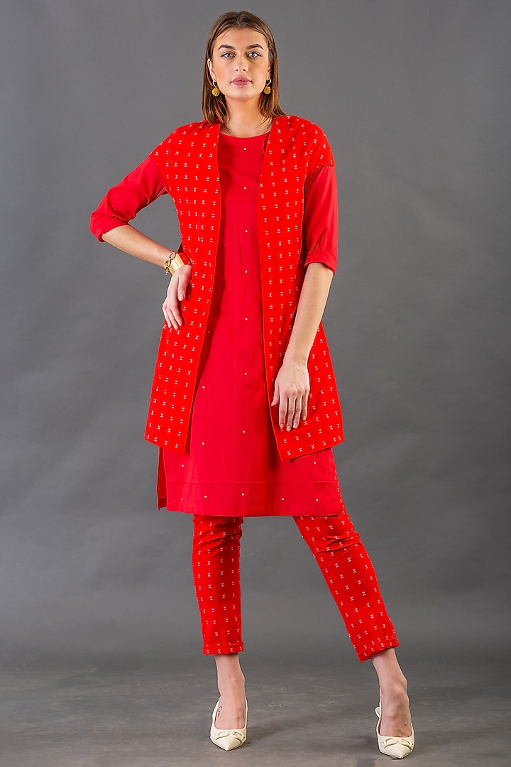 Bright Red Cotton Sequins Embroidered Kurta Set by ORCR