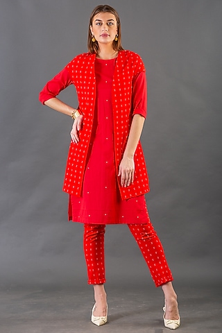 Bright Red Cotton Sequins Embroidered Kurta Set by ORCR