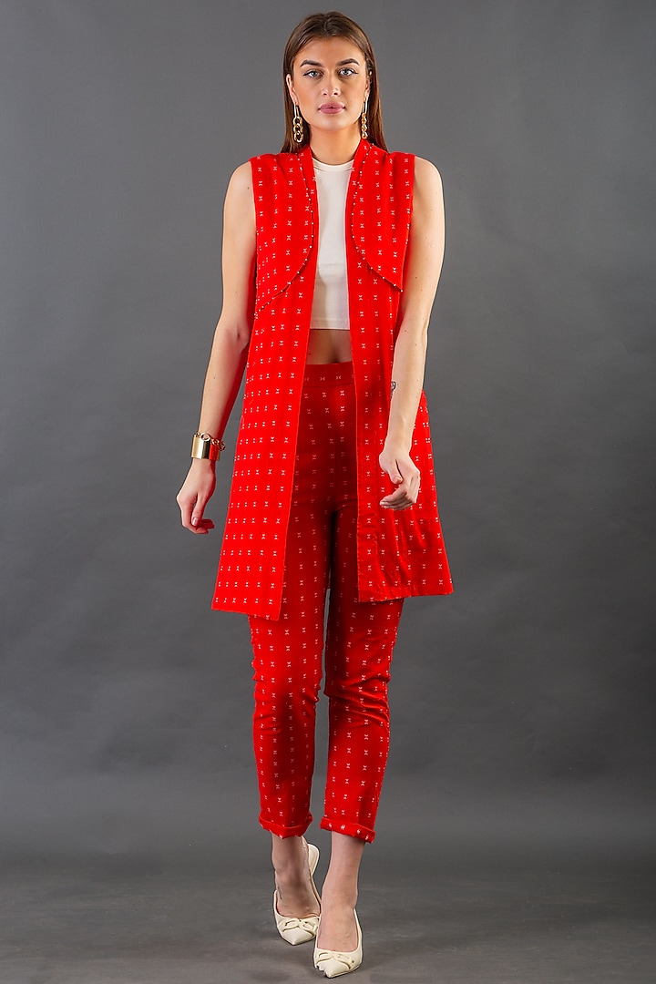 Bright Red Jacket Set With Beads Detailing by ORCR