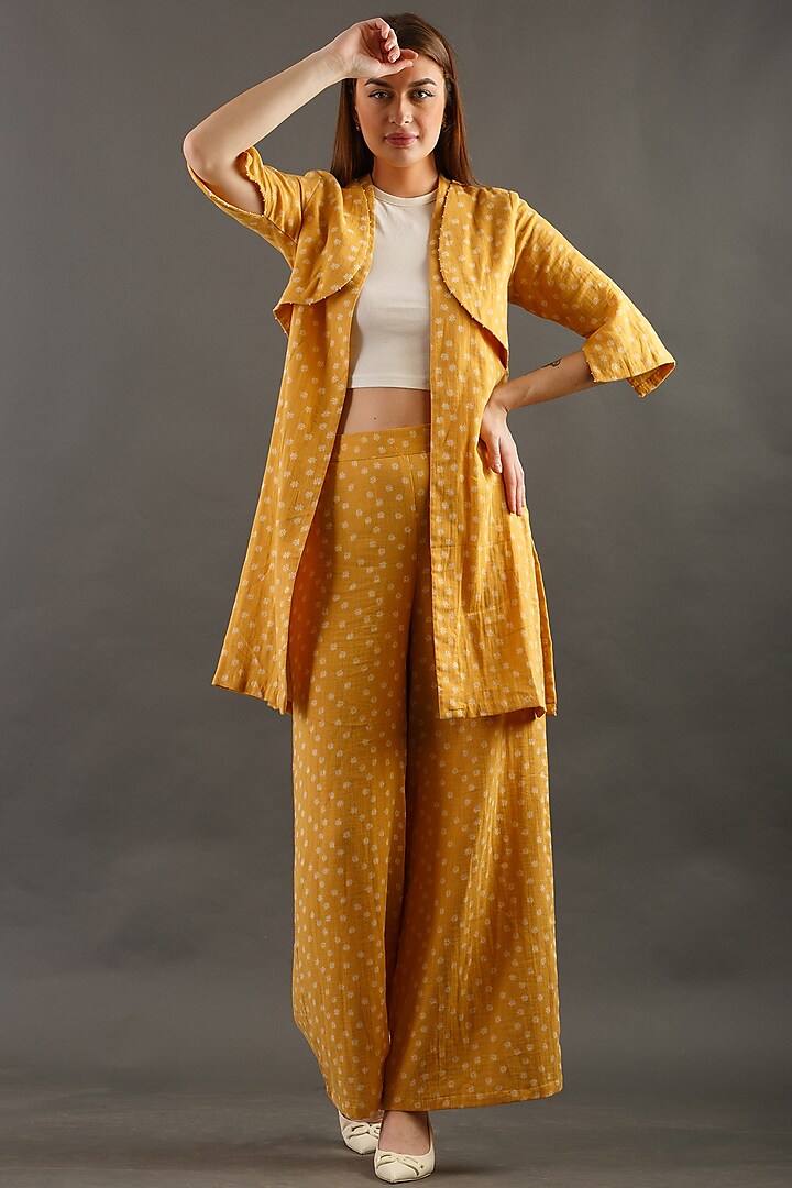 Mustard Jacket Set With Beads Detailing by ORCR