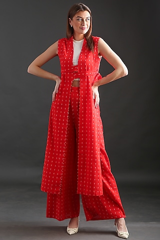 Bright Red Cotton Long Jacket Set by ORCR