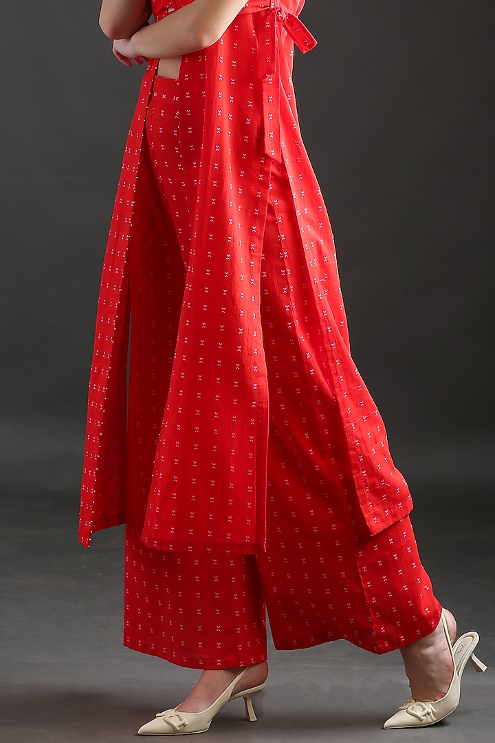 Bright Red Cotton Long Jacket Set by ORCR at Pernia's Pop Up Shop