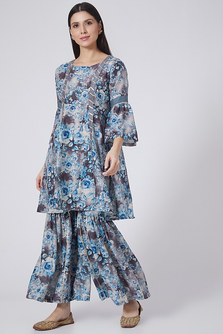 Cobalt Blue & Grey Floral Printed A-Line Kurta Set by ORCR at Pernia's Pop Up Shop