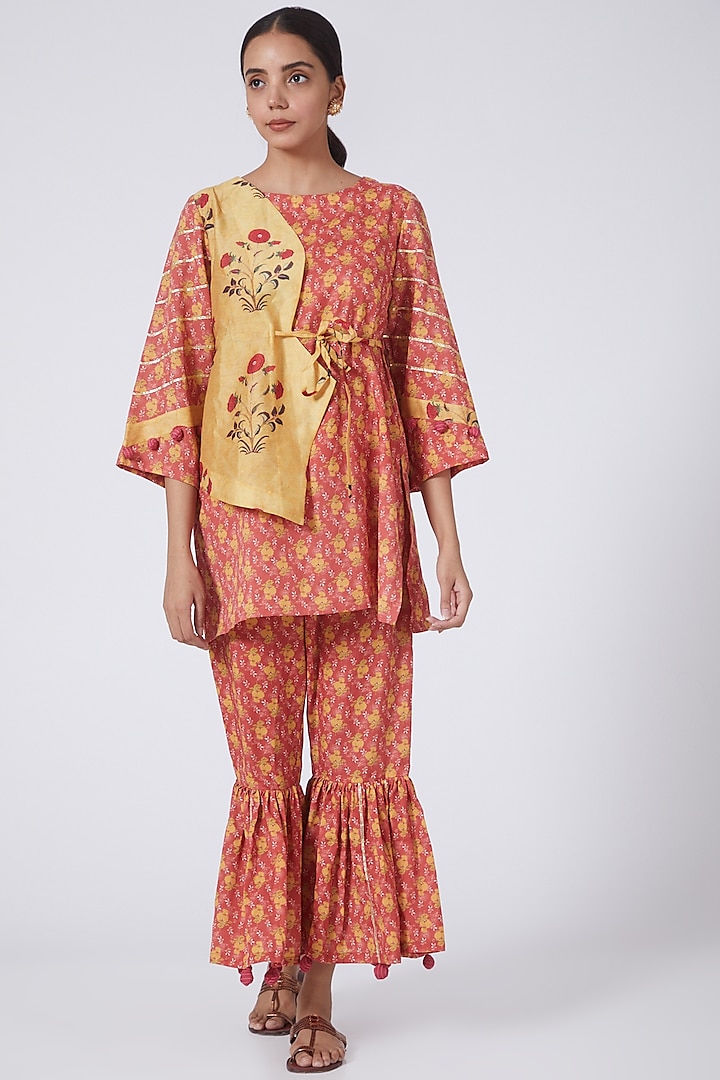 Red & Yellow Floral Printed Short Kurta Set by ORCR