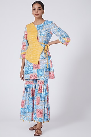 Cobalt Blue & Yellow Geometric Printed Short Kurta Set by ORCR