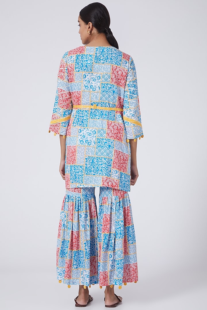 Cobalt Blue & Yellow Geometric Printed Short Kurta Set by ORCR at Pernia's Pop Up Shop