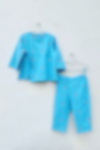Blue Cotton Embroidered Co-Ord Set For Girls by ORCR KIDS