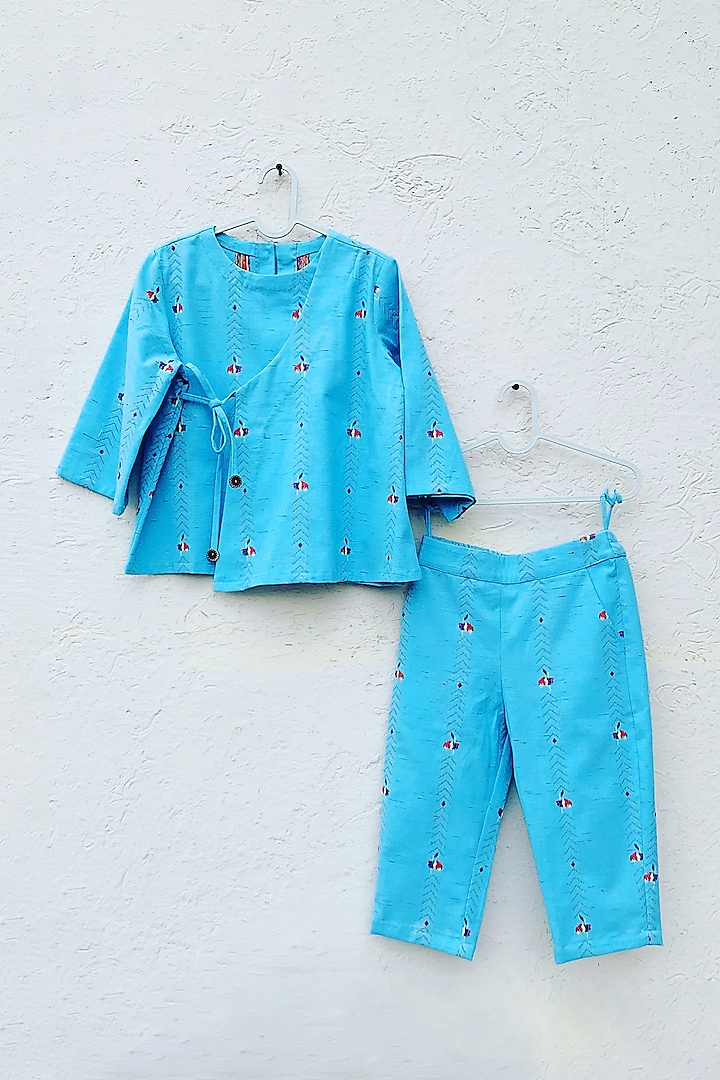Blue Cotton Embroidered Co-Ord Set For Girls by ORCR KIDS
