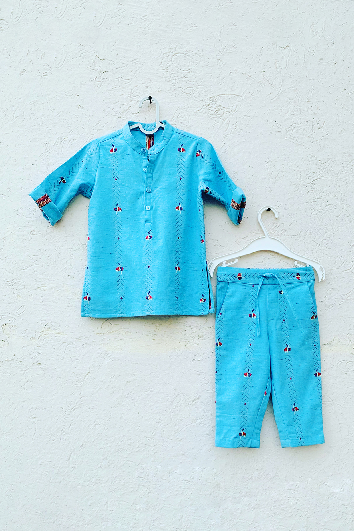 Blue Embroidered Kurta Set For Girls by ORCR KIDS at Pernia's Pop Up Shop