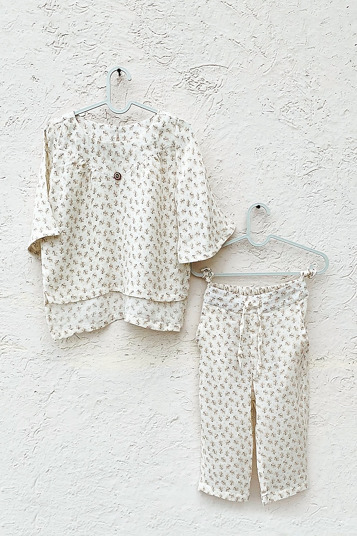 Off White Printed Co-Ord Set For Girls by ORCR KIDS