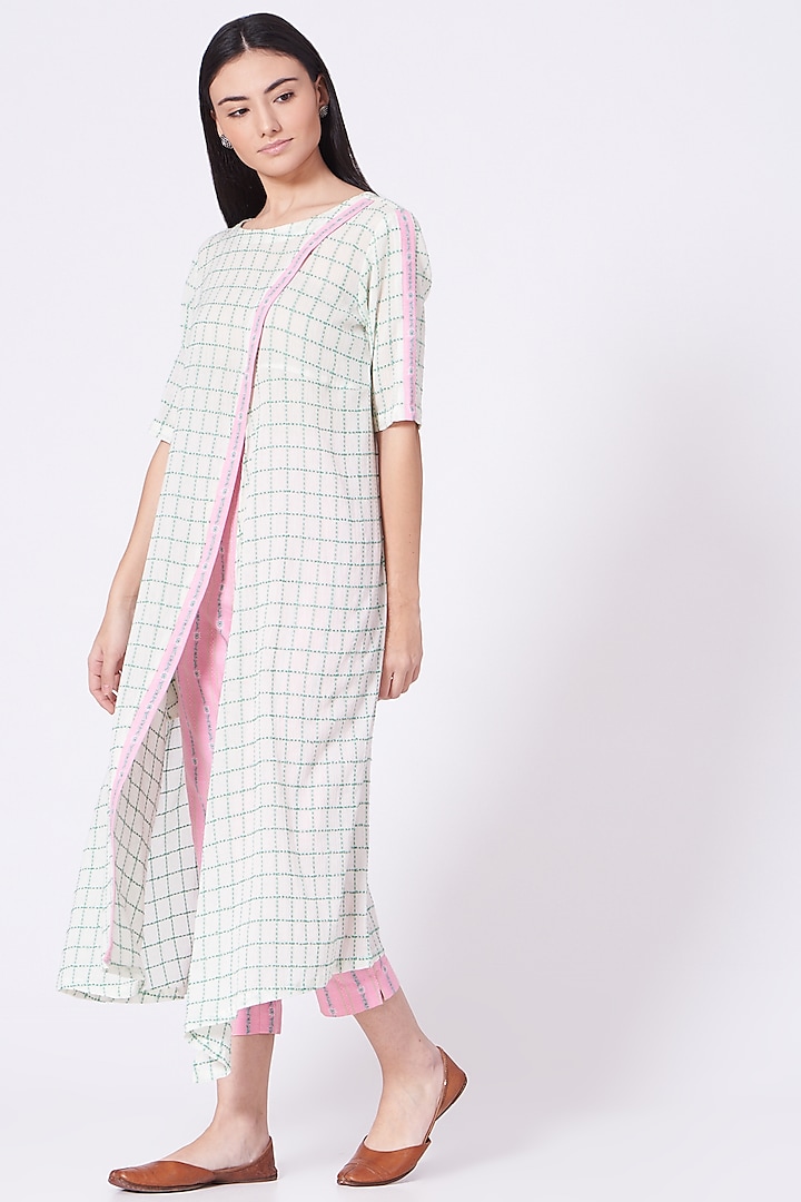 White & Pale Pink Cotton Long Tunic Set by ORCR