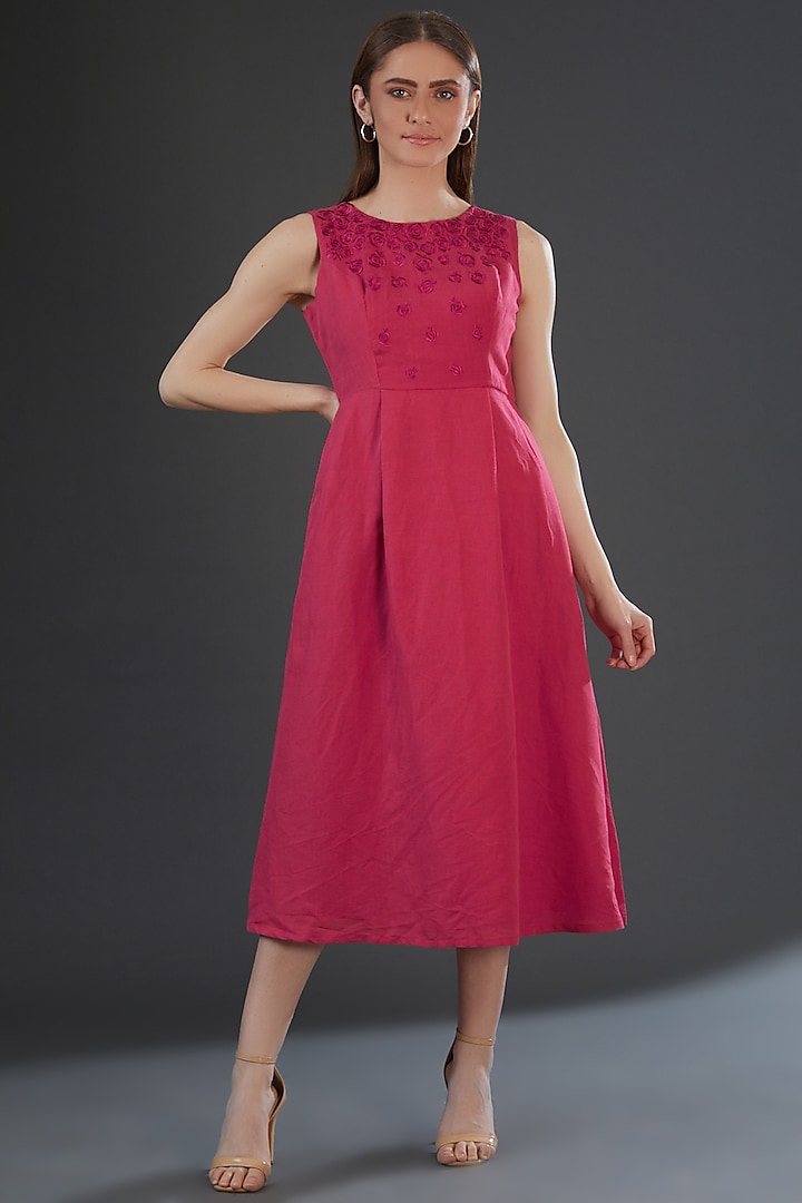 Dark Pink Cotton Linen Embroidered Midi Dress by Originate