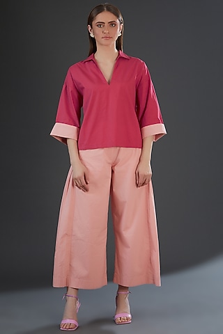Dark Pink Cotton Poplin Embroidered Top by Originate