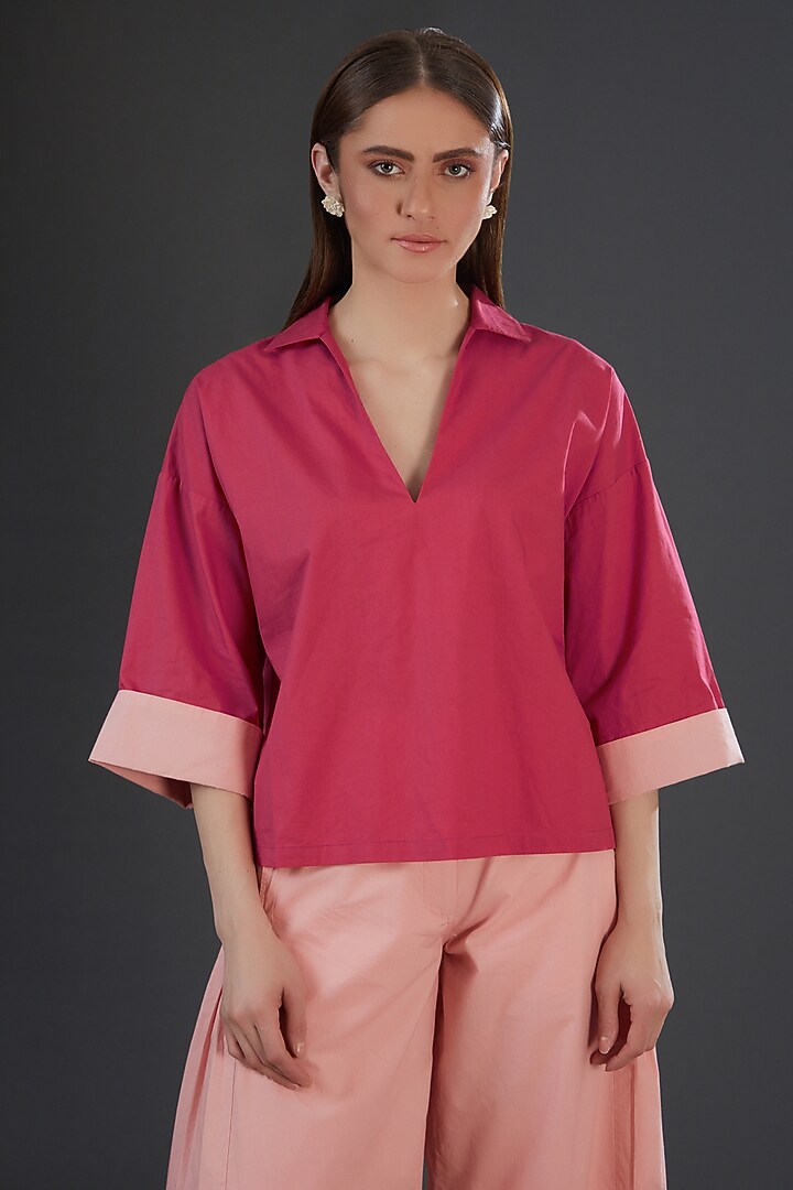 Dark Pink Cotton Poplin Embroidered Top by Originate at Pernia's Pop Up Shop