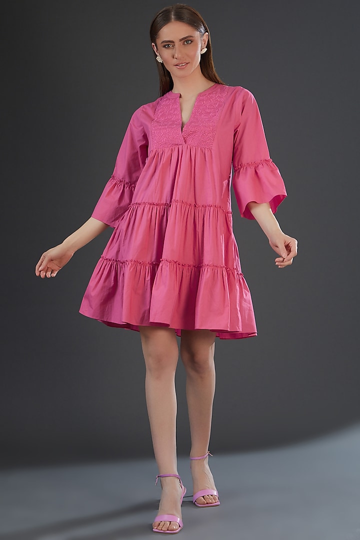 Pink Cotton Poplin Embroidered Mini Dress by Originate