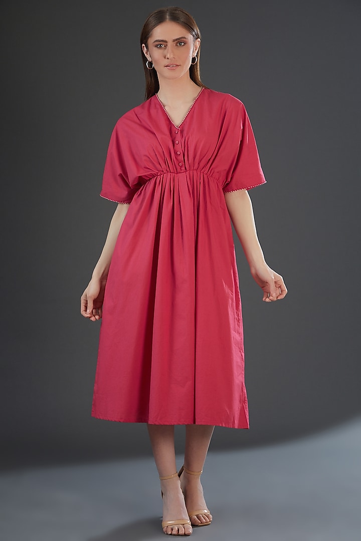 Dark Pink Cotton Poplin Embroidered Kaftan Dress by Originate