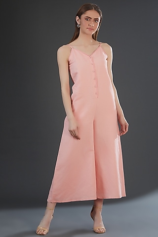 Light Pink Cotton Linen Embroidered Jumpsuit by Originate