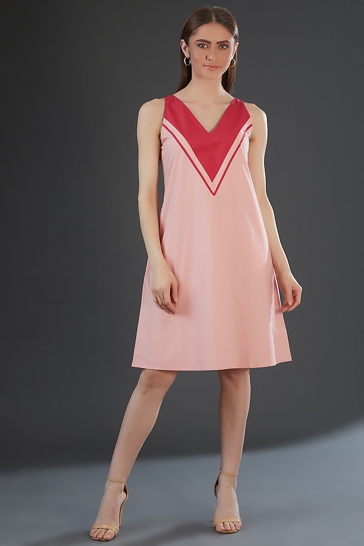 Light Pink Cotton Poplin Color Blocked Knee Length Dress by Originate