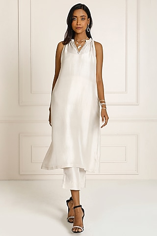 Silver Dupion Silk Hand Embroidered Sleeveless Tunic by Originate