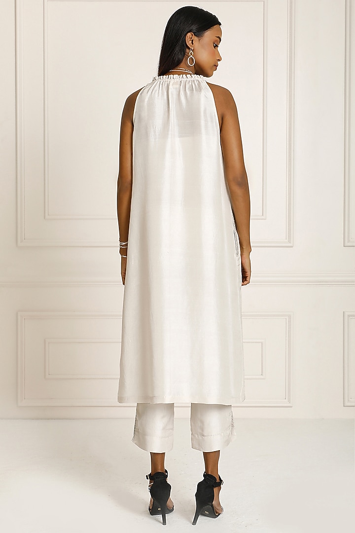 Silver Dupion Silk Hand Embroidered Sleeveless Tunic by Originate at Pernia's Pop Up Shop